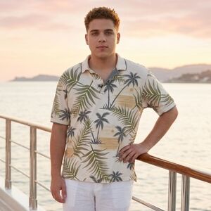 Vintage Bamboo Cay Resort Wear Palmtree Pattern Shortsleeve Polo Shirt